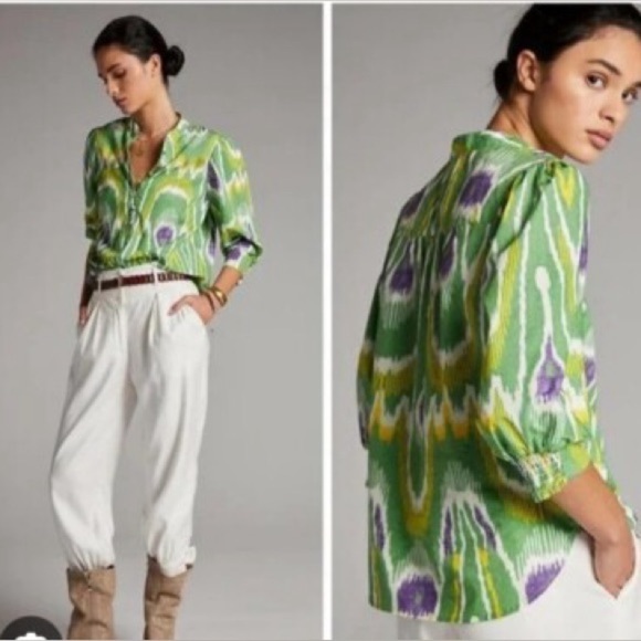 Anthropologie Green Sharona Henley Puffed Sleeve Blouse Size Medium - Picture 11 of 11